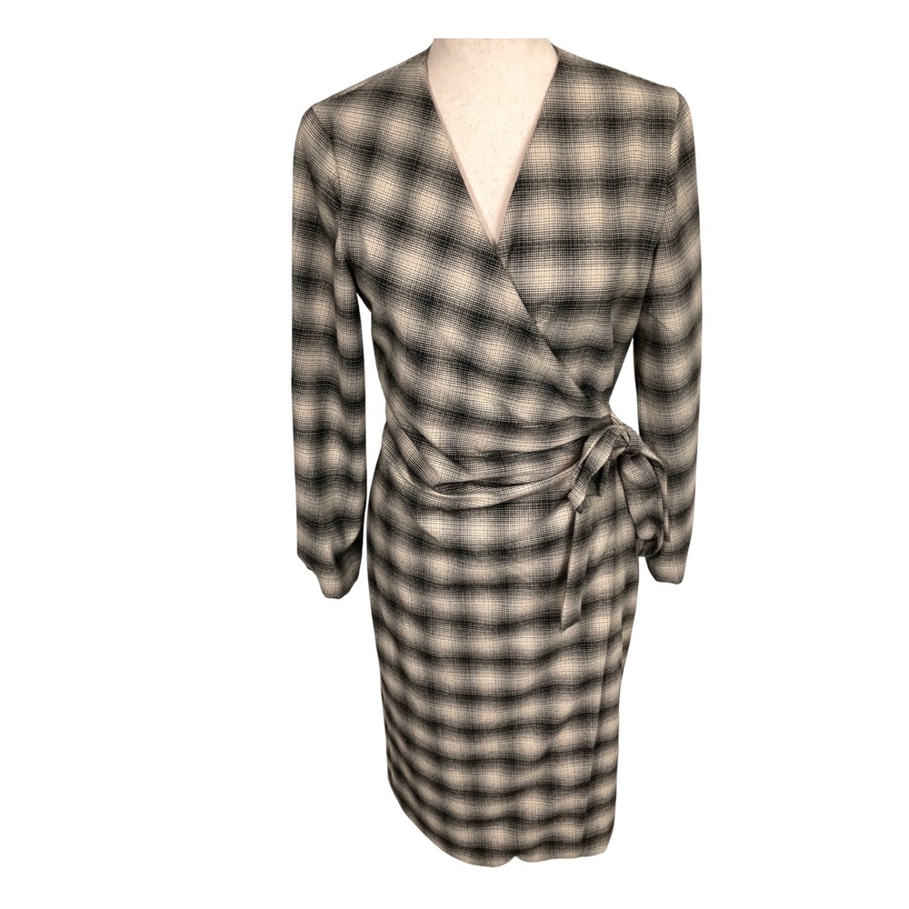 Marella Dress Womens 4 Black Cream Plaid Como Gold Buttons Wrap Midi Neutral NWT